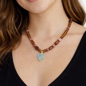 Vintage Amber Colored Beaded Heart Pendant Necklace